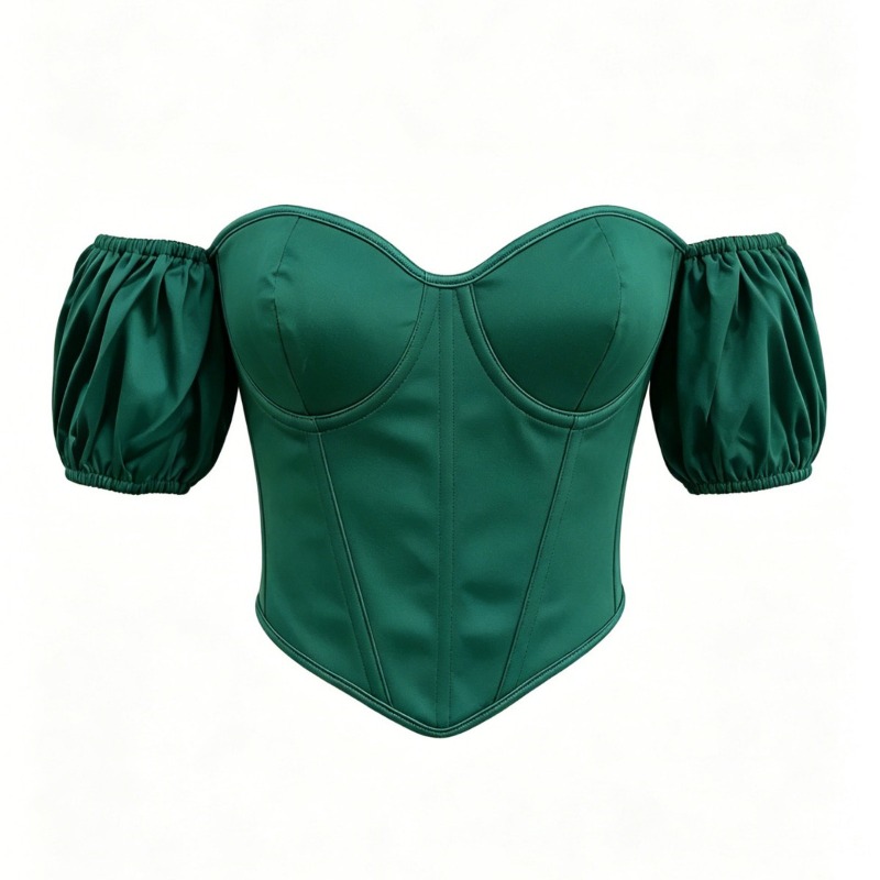 Boning Corset Steel - Atasan Korset Satin Hijau Seksi Lengan
